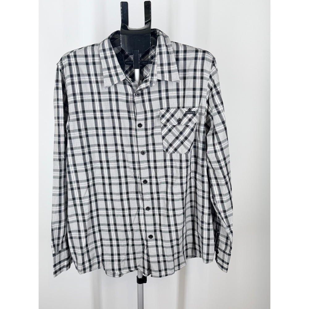 Oakley Mens XL Long Sleeve Plaid Button Down Shirt Black White Grey Plaid